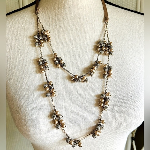 Necklace Crystal and Bead Clusters Two Strand Ribbon Tie - Picture 10 of 13